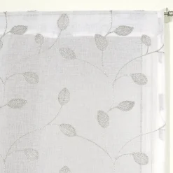 Paire de voilages brodés feuilles en gris 60x120cm, prêts à poser.