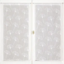 Paire de voilages brodés feuilles ginkgo 60x90cm, prêts à poser en blanc