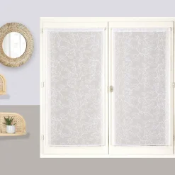 Paire de voilages brodés feuilles pour fenêtres, 60x90cm, blanc, prêts à poser.