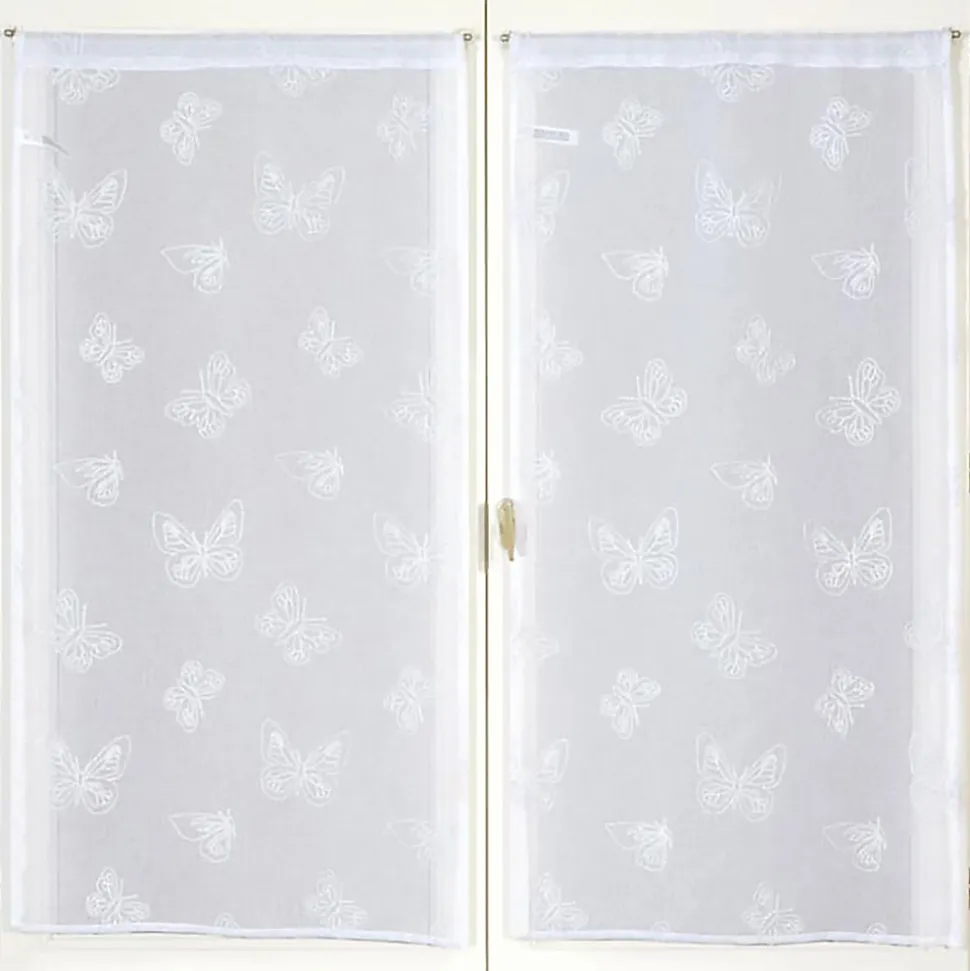 Paire de voilages brodés papillons 60x160cm en blanc - Prêts à poser