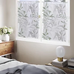 Paire de Voilages Dévoré Feuilles de Bambou 60x90cm en Vert - Finition Prête à Poser