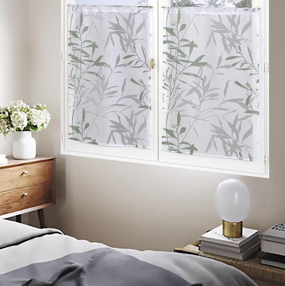 Paire de Voilages Dévoré Feuilles de Bambou 60x160cm - Finition Passe-Tringle, Vert.