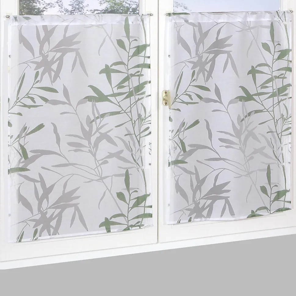 Paire de Voilages Dévoré Feuilles de Bambou 60x160cm - Finition Passe-Tringle, Vert.