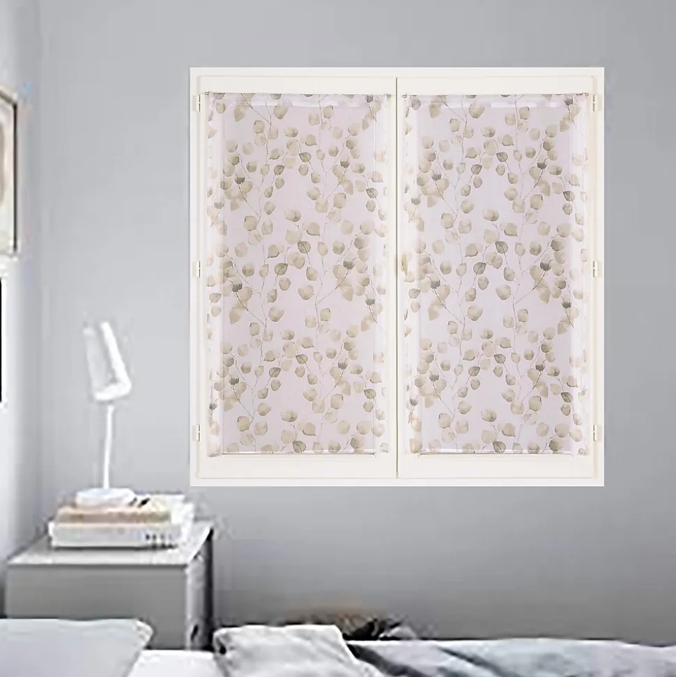 Paire de Voilages Imprimé Feuilles Beige 60x120cm.