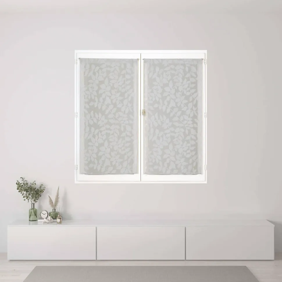 Paire de voilages imprimés feuilles gris 60x120cm, finition passe-tringle pour une décoration élégante