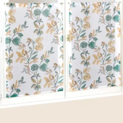 Paire de voilages imprimés tropicale 60x90cm en vert, finition passe-tringle prêts à poser.