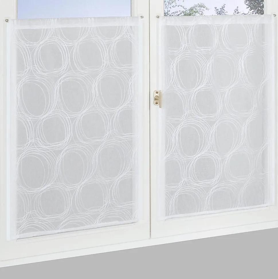 Paire de Voilages Imprimés Cercle 60x90cm, Finition Passe-Tringle, Blanc.