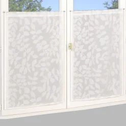 Paire de voilages imprimés feuilles 60x90cm - Finition passe-tringle, naturel.
