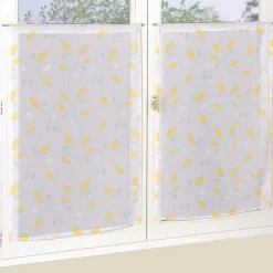 Paire de voilages imprimés feuilles jaune 60x120cm - Finition passe-tringle
