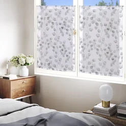 Paire de Voilages Imprimés Feuilles en Polyester, Finition Passe-Tringle 60x90cm, Couleur Perle