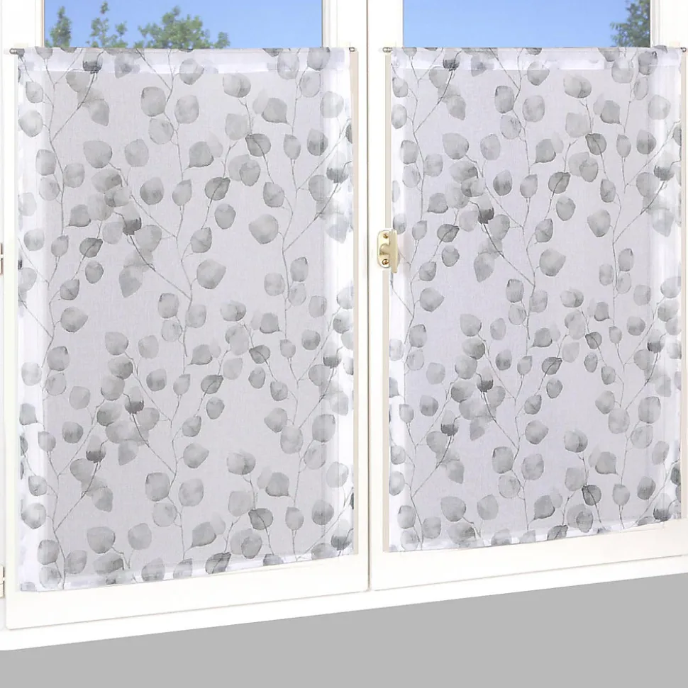 Paire de Voilages Imprimés Feuilles en Polyester, Finition Passe-Tringle 60x90cm, Couleur Perle