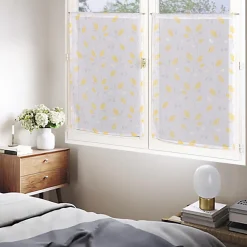 Paire de voilages imprimés feuilles en polyester 60x90cm, jaune, finition passe-tringle.