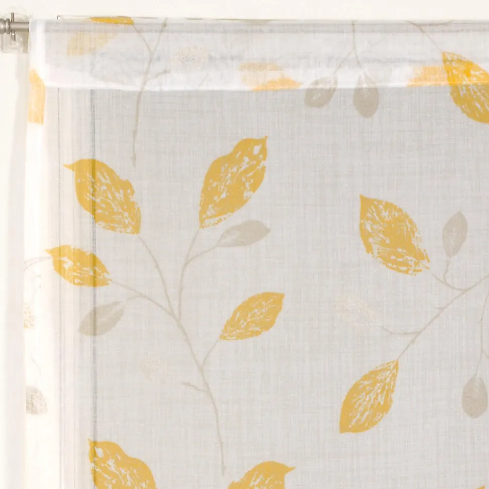 Paire de voilages imprimés feuilles en polyester 60x90cm, jaune, finition passe-tringle.