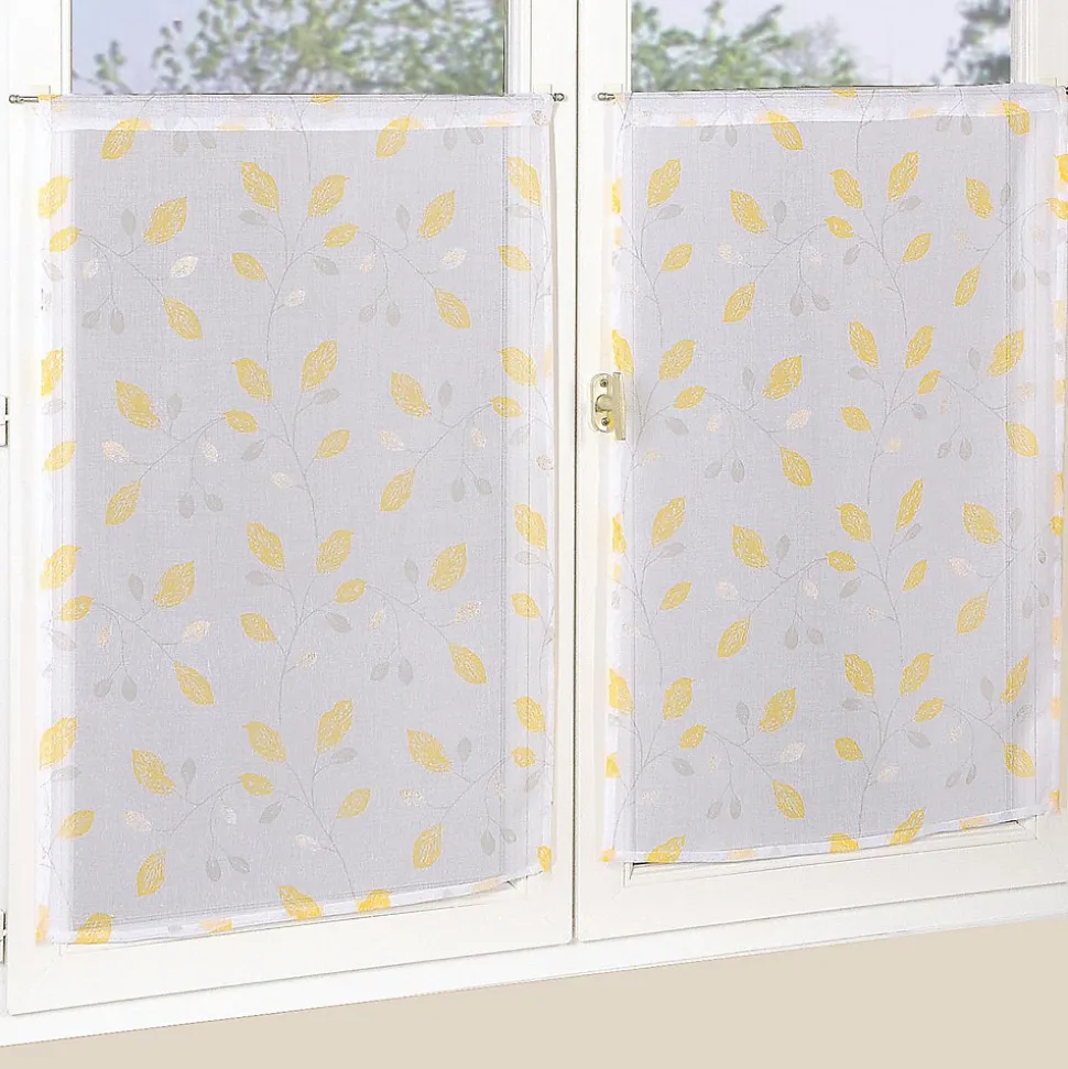 Paire de voilages imprimés feuilles en polyester 60x90cm, jaune, finition passe-tringle.