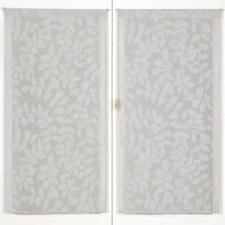 Paire de voilages imprimés feuilles gris 60x90cm - Finition passe-tringle