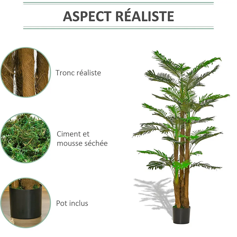 Palmier artificiel H.1,85 m arbre artificiel tronc branches lichen feuilles grand réalisme pot inclus