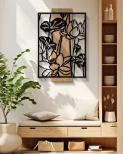 Panneau décoratif 3D en métal noir bois marron fleur 60x2x90 cm