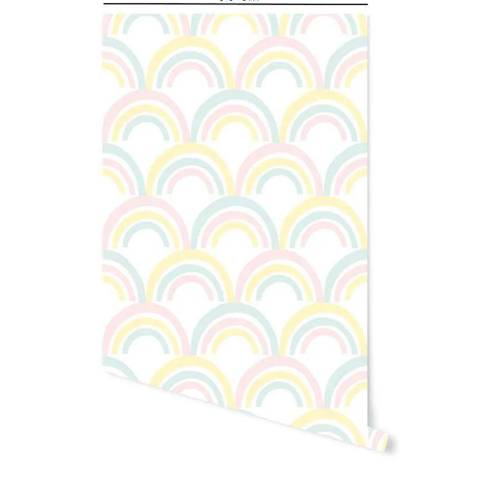 Papier peint adhésif arc en ciel rose, menthe et jaune en vinyle lavable et amovible - 1 rouleau 50x300 cm - Decochic