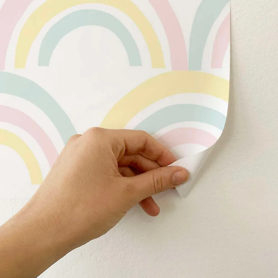 Papier peint adhésif arc en ciel rose, menthe et jaune en vinyle lavable et amovible - 1 rouleau 50x300 cm - Decochic