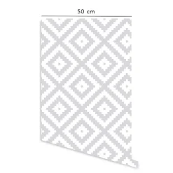 Papier peint adhésif etnique gris et blanc en vinyle lavable et amovible - 1 rouleau 50x300 cm - Decochic