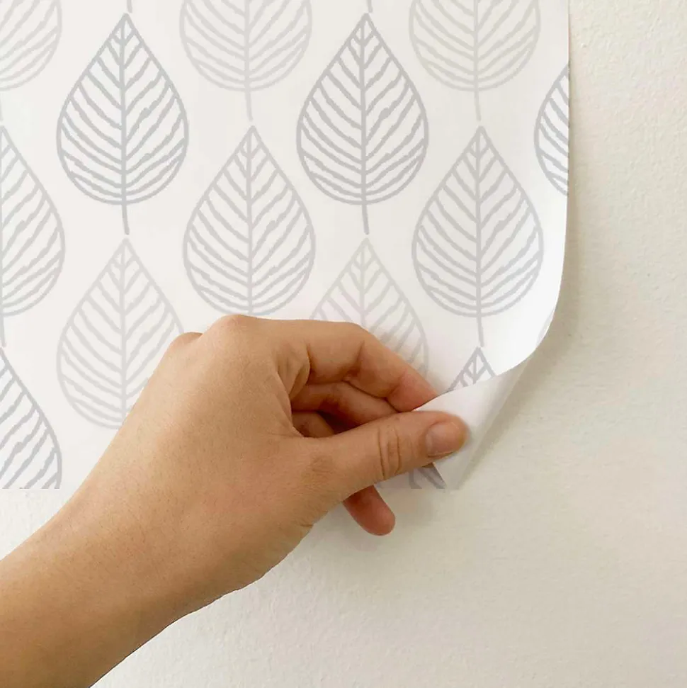 Papier peint adhésif feuilles gris en vinyle lavable et amovible - 1 rouleau 50x300 cm - Decochic