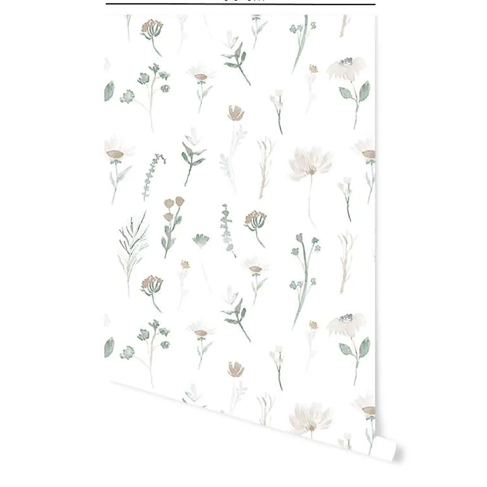 Papier peint adhésif fleuri vert et beige en vinyle lavable et amovible - 1 rouleau 50x300 cm - Decochic