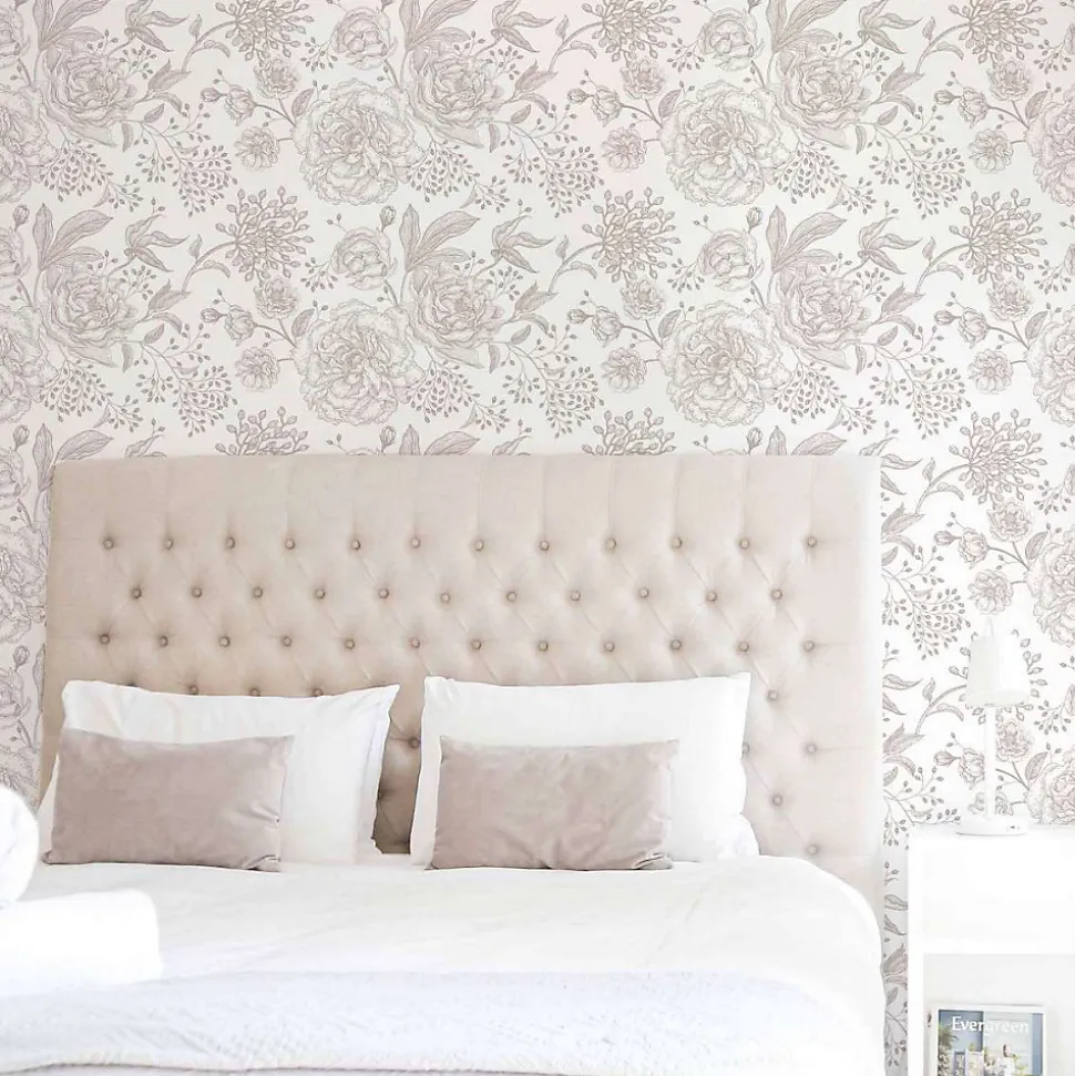 Papier peint adhésif fleurie chambre blanc et écru en vinyle lavable et amovible - 1 rouleau 50x300 cm - Decochic