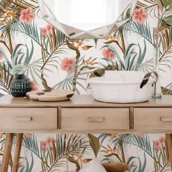 Papier peint adhésif fleurs tropicales vert et rose en vinyle lavable et amovible - 1 rouleau 50x300 cm - Decochic