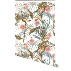 Papier peint adhésif fleurs tropicales vert et rose en vinyle lavable et amovible - 1 rouleau 50x300 cm - Decochic