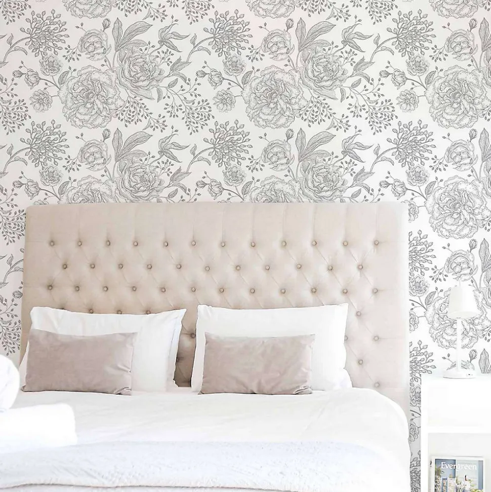 Papier peint adhésif fleurs blanc et gris en vinyle lavable et amovible - 1 rouleau 50x300 cm - Decochic