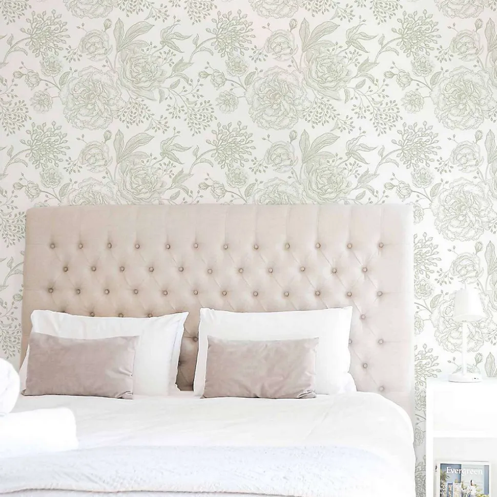 Papier peint adhésif floral blanc et vert en vinyle lavable et amovible - 1 rouleau 50x300 cm - Decochic