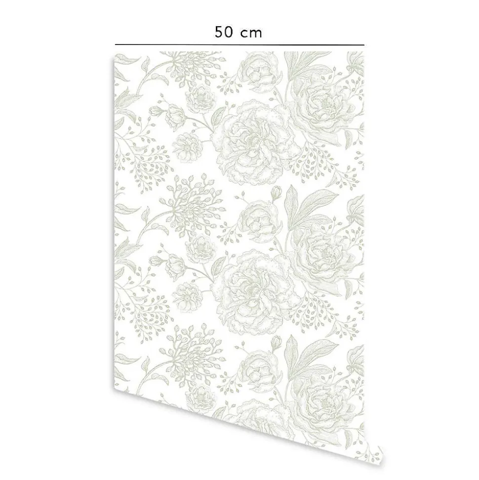 Papier peint adhésif floral blanc et vert en vinyle lavable et amovible - 1 rouleau 50x300 cm - Decochic
