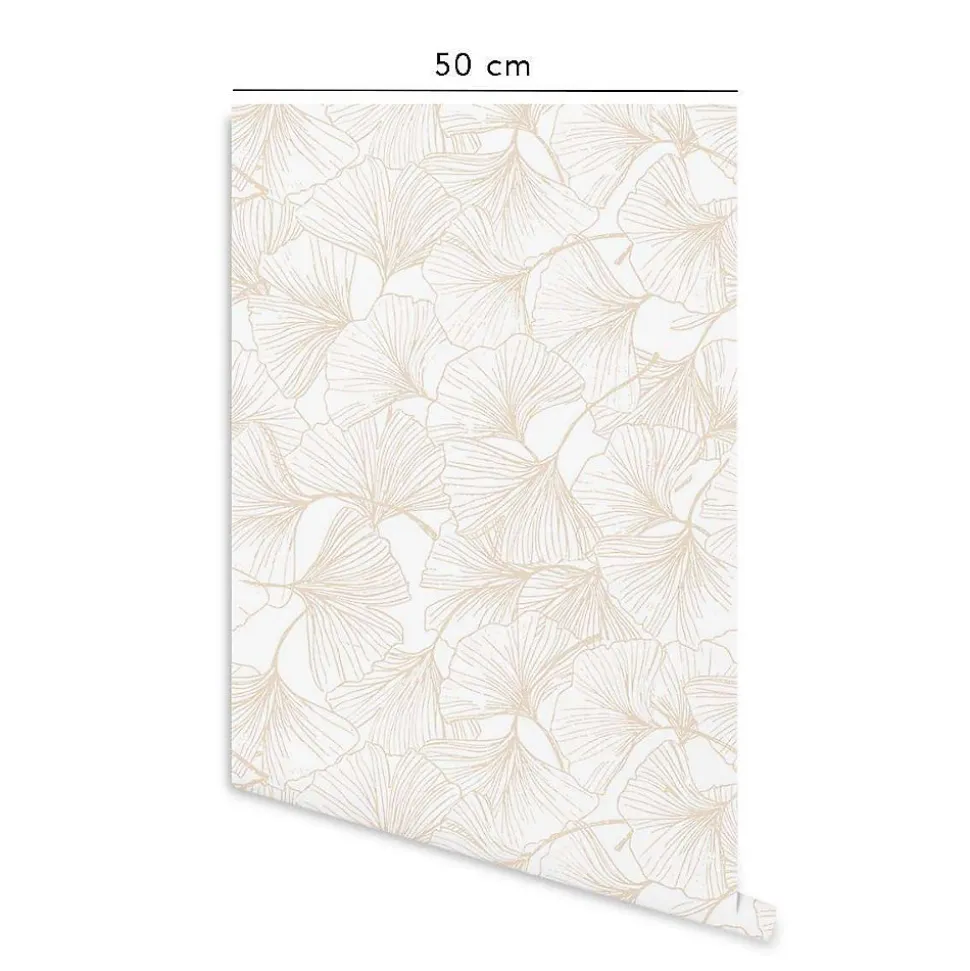 Papier peint adhésif gingko sable et blanc en vinyle lavable et amovible - 1 rouleau 50x300 cm - Decochic