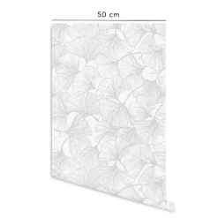 Papier peint adhésif ginkgo gris et blanc en vinyle lavable et amovible - 1 rouleau 50x300 cm - Decochic