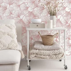 Papier peint adhésif ginko rose et blanc en vinyle lavable et amovible - 1 rouleau 50x300 cm - Decochic