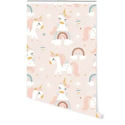 Papier peint adhésif licornes rose en vinyle lavable et amovible - 1 rouleau 50x300 cm - Decochic