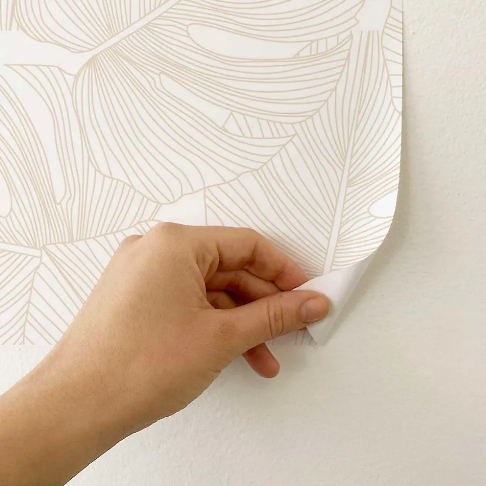 Papier peint adhésif palmettes sable et blanc en vinyle lavable et amovible - 1 rouleau 50x300 cm - Decochic
