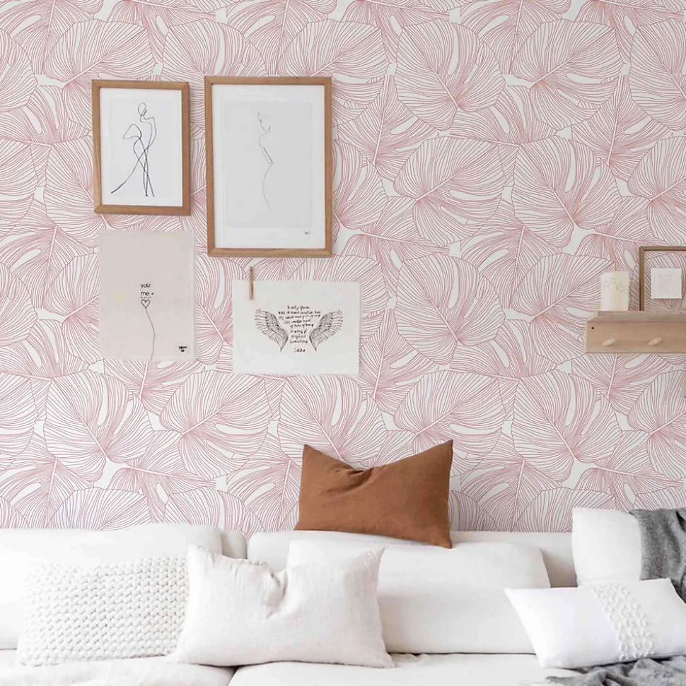 Papier peint adhésif palmiers rose et blanc en vinyle lavable et amovible - 1 rouleau 50x300 cm - Decochic