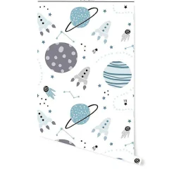 Papier peint adhésif planète bleu et gris en vinyle lavable et amovible - 1 rouleau 50x300 cm - Decochic