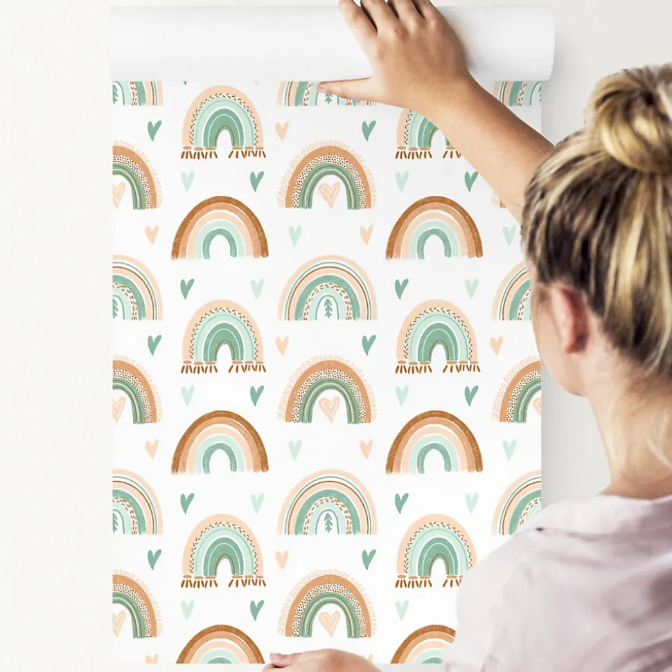 Papier Peint ARC-EN-CIEL Cœurs Boho Pour Chambre D'Enfant