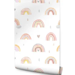 Papier Peint ARC-EN-CIEL Nuages Cœurs Pour Chambre D'Enfant