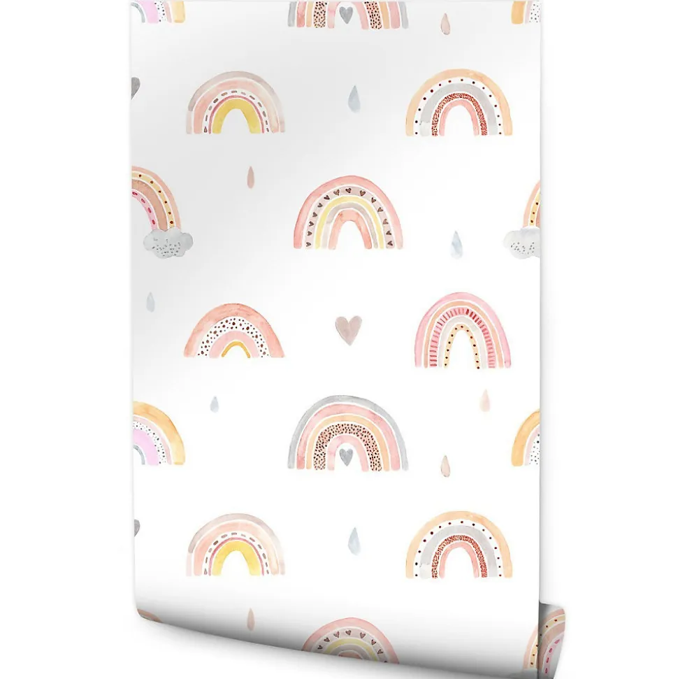 Papier Peint ARC-EN-CIEL Nuages Cœurs Pour Chambre D'Enfant
