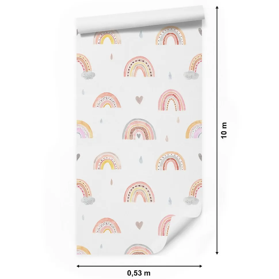 Papier Peint ARC-EN-CIEL Nuages Cœurs Pour Chambre D'Enfant