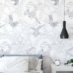 Papier peint art déco avec oiseaux seigneurial - 255x260 cm (l x h)