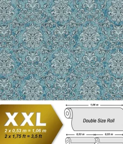 Papier peint baroque EDEM 6001-95 Papier peint intissé gaufré avec des ornements scintillant turquoise argent pétrole