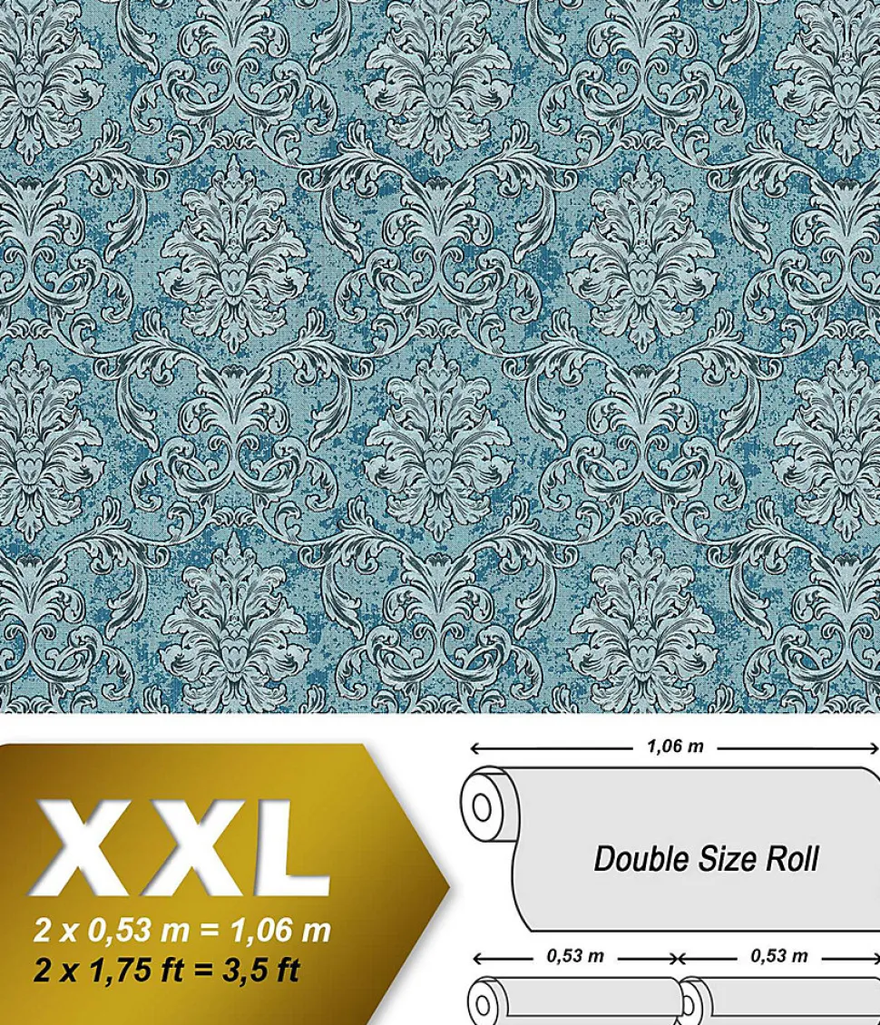 Papier peint baroque EDEM 6001-95 Papier peint intissé gaufré avec des ornements scintillant turquoise argent pétrole