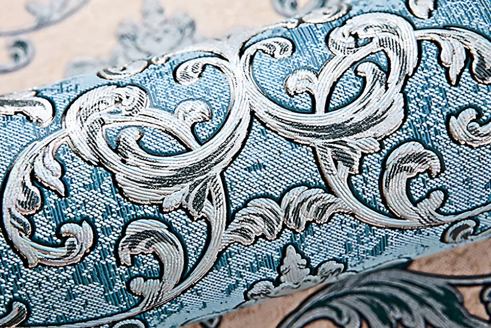 Papier peint baroque EDEM 6001-95 Papier peint intissé gaufré avec des ornements scintillant turquoise argent pétrole