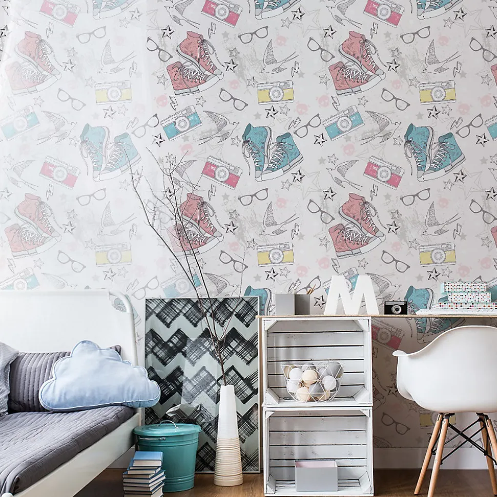 Papier Peint BASKETS Lunettes Etoiles Pour Chambre D'Enfant