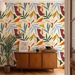 Papier peint beige avec grandes formes végétales aux allures abstraites - 85x260 cm (l x h)