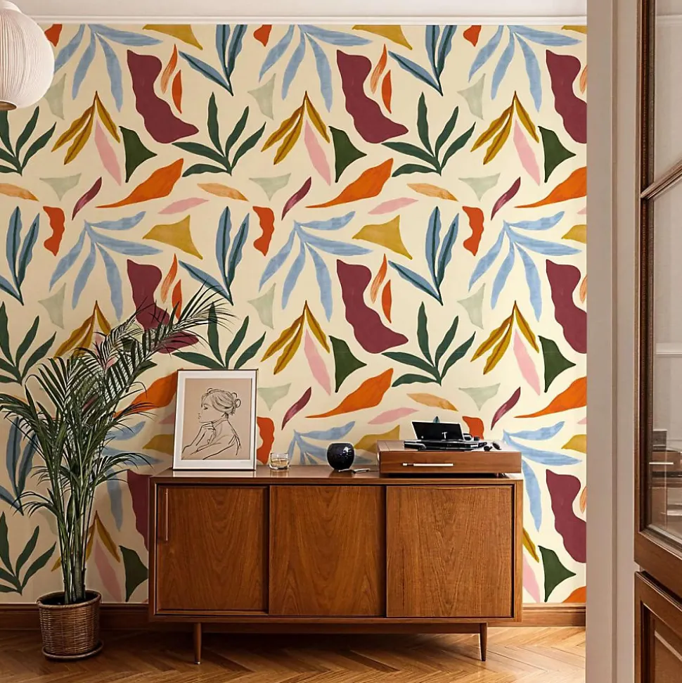 Papier peint beige avec grandes formes végétales aux allures abstraites - 85x260 cm (l x h)